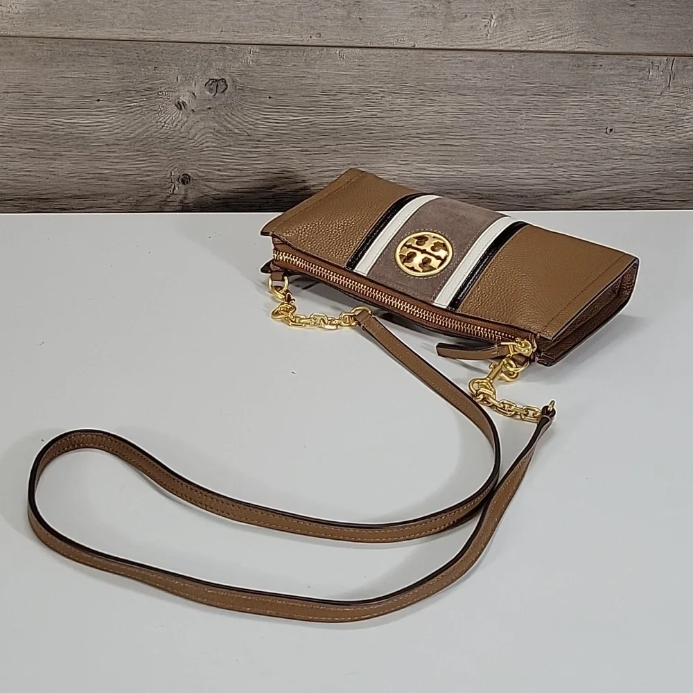 Tory Burch Brown Leather Crossbody Bag with Striped Accent